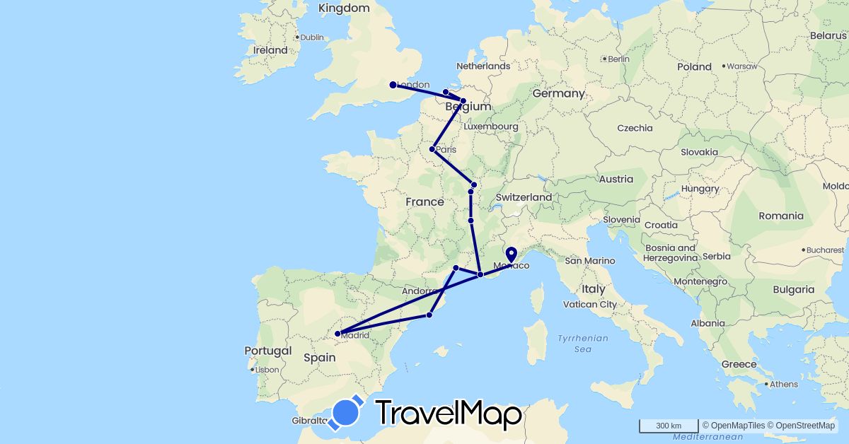 TravelMap itinerary: driving in Belgium, Spain, France, United Kingdom, Monaco (Europe)